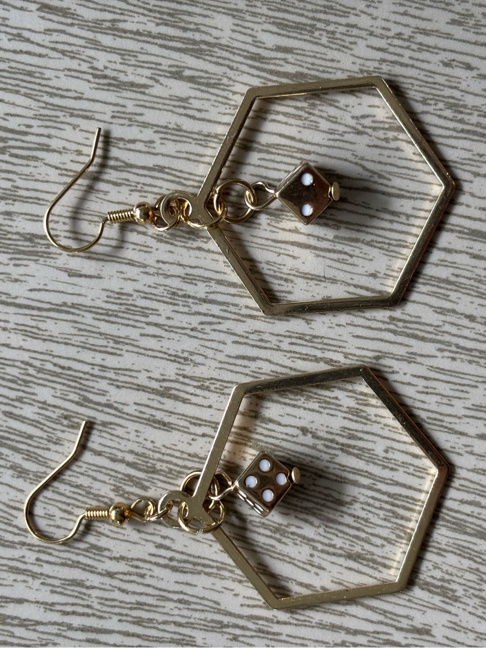 Hand Crafted Gold Tone Hexagon Hoop Earrings with Dice Charms